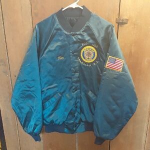 Vintage Blue Satin American Legion Bomber Jacket with Patches Size L